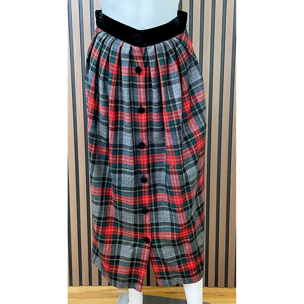 Cullinane Women's 10 Plaid 100% Wool Tartan Button Midi Skirt‎ Black Velvet